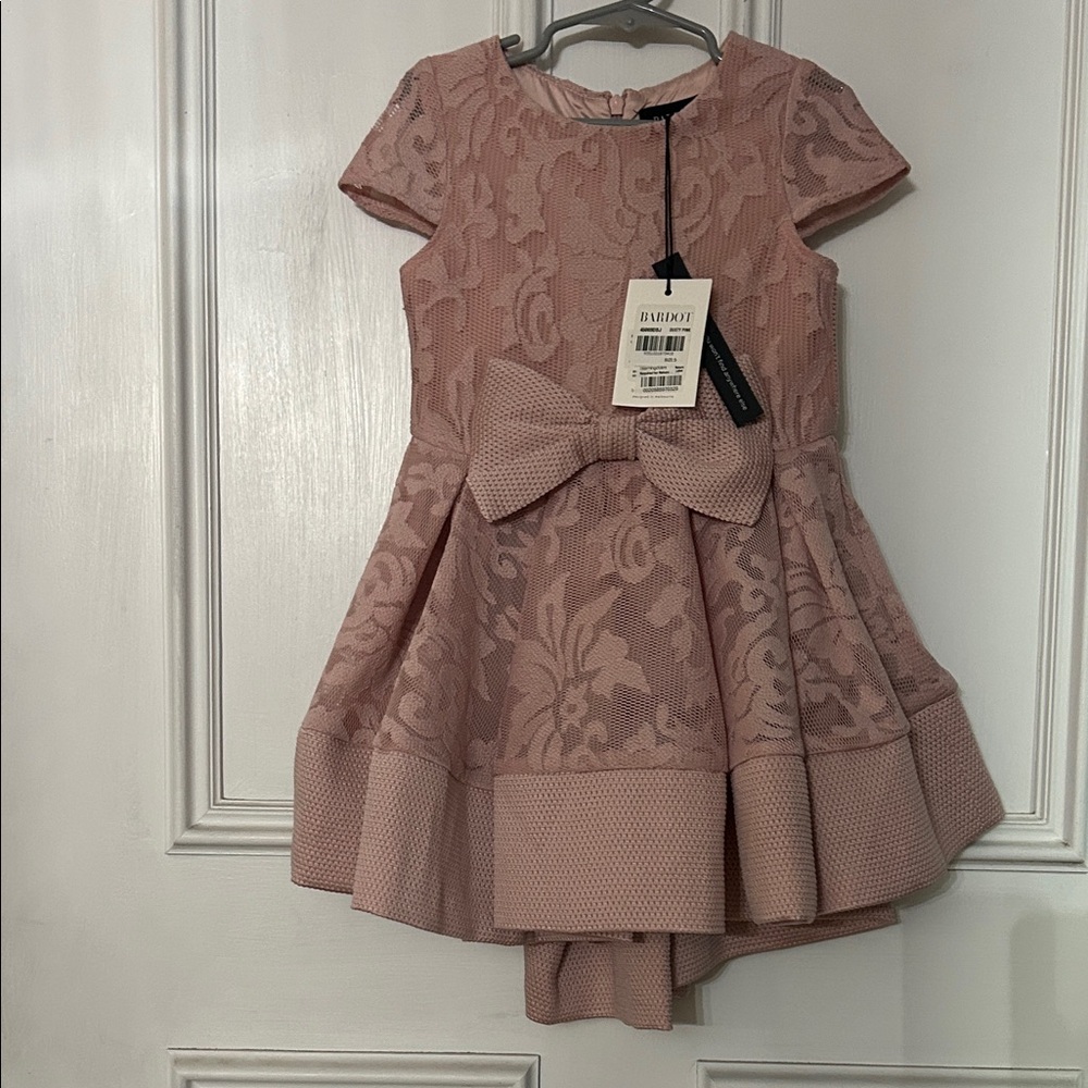 Bardot Blush Lace Kids Dress with Bow